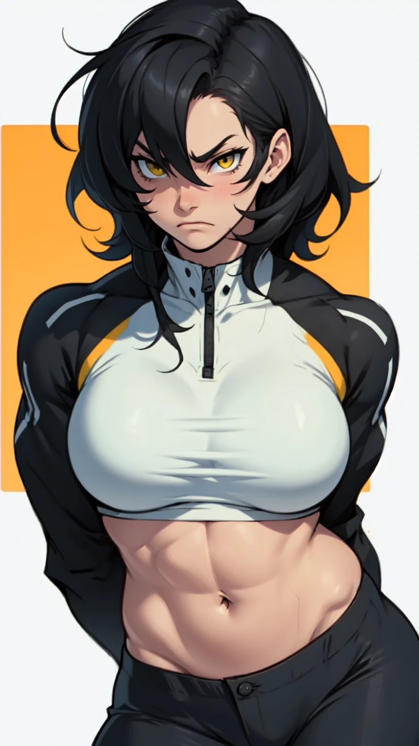 muscular girl thick breasts black hair yellow eyes pale skin best quality sad frown thick