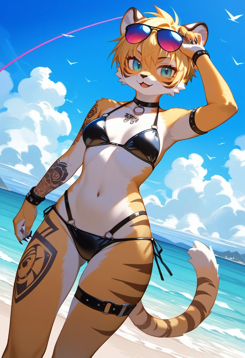 Highest quality, Highest quality, High quality illustrations, masterpiece, Ultra-high resolution, Detailed Background, beach, Absurd, Perfect Anatomy, performance, Good lighting, Shadows in the movies(kemono, Furry Personifi猫ion), Saber Tiger, latex, neon, neonライト, neonカラー, cyber punk, Swimwear, bikini, sunglasses, Tattoo, Dynamic Angle