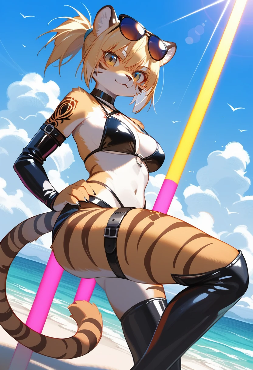 Highest quality, Highest quality, High quality illustrations, masterpiece, Ultra-high resolution, Detailed Background, beach, Absurd, Perfect Anatomy, performance, Good lighting, Shadows in the movies(kemono, Furry Personifi猫ion), Saber Tiger, latex, neon, neonライト, neonカラー, cyber punk, Swimwear, bikini, sunglasses, Tattoo, Dynamic Angle