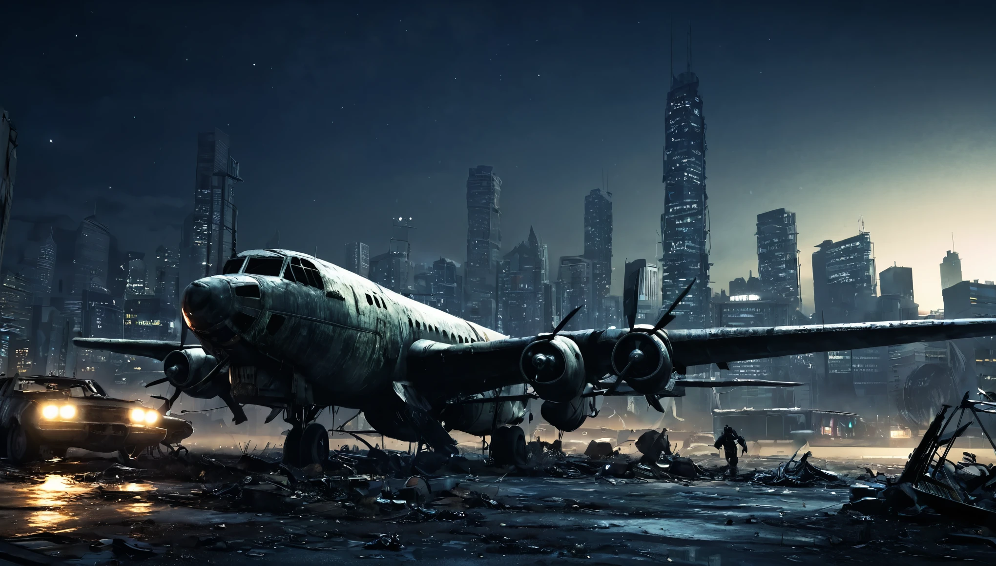 plane night city post apocalyptic