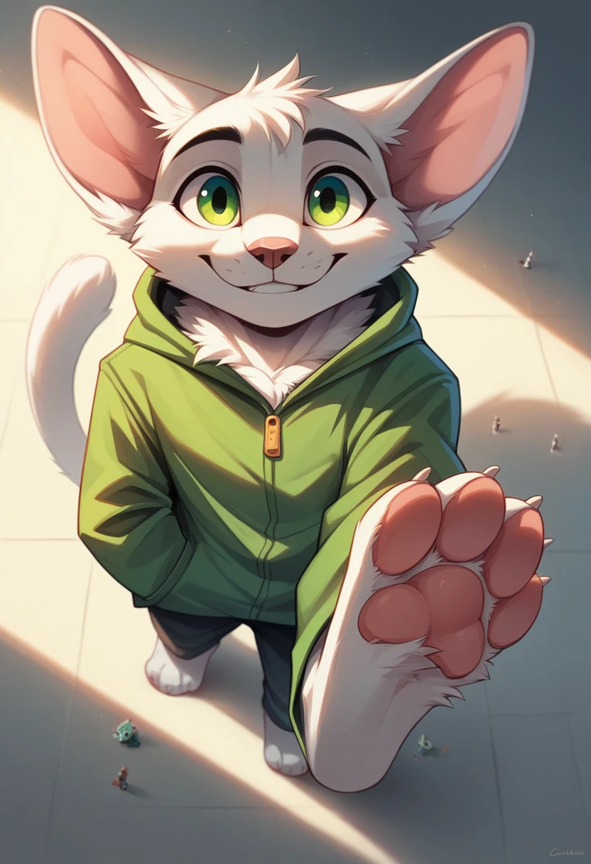 anthro, cat, white fur, green eyes, green jacket, big ears, furry, looking down, Viewers look at, Viewer looks up, smiling, above standing, Macro, Fußfocus, alone, good lighting, Focus on feet, raised foot, Focus on the bottom of the foot, fluffy, furry paws, Paw pads, schwarze Paw pads, stomp something, adult