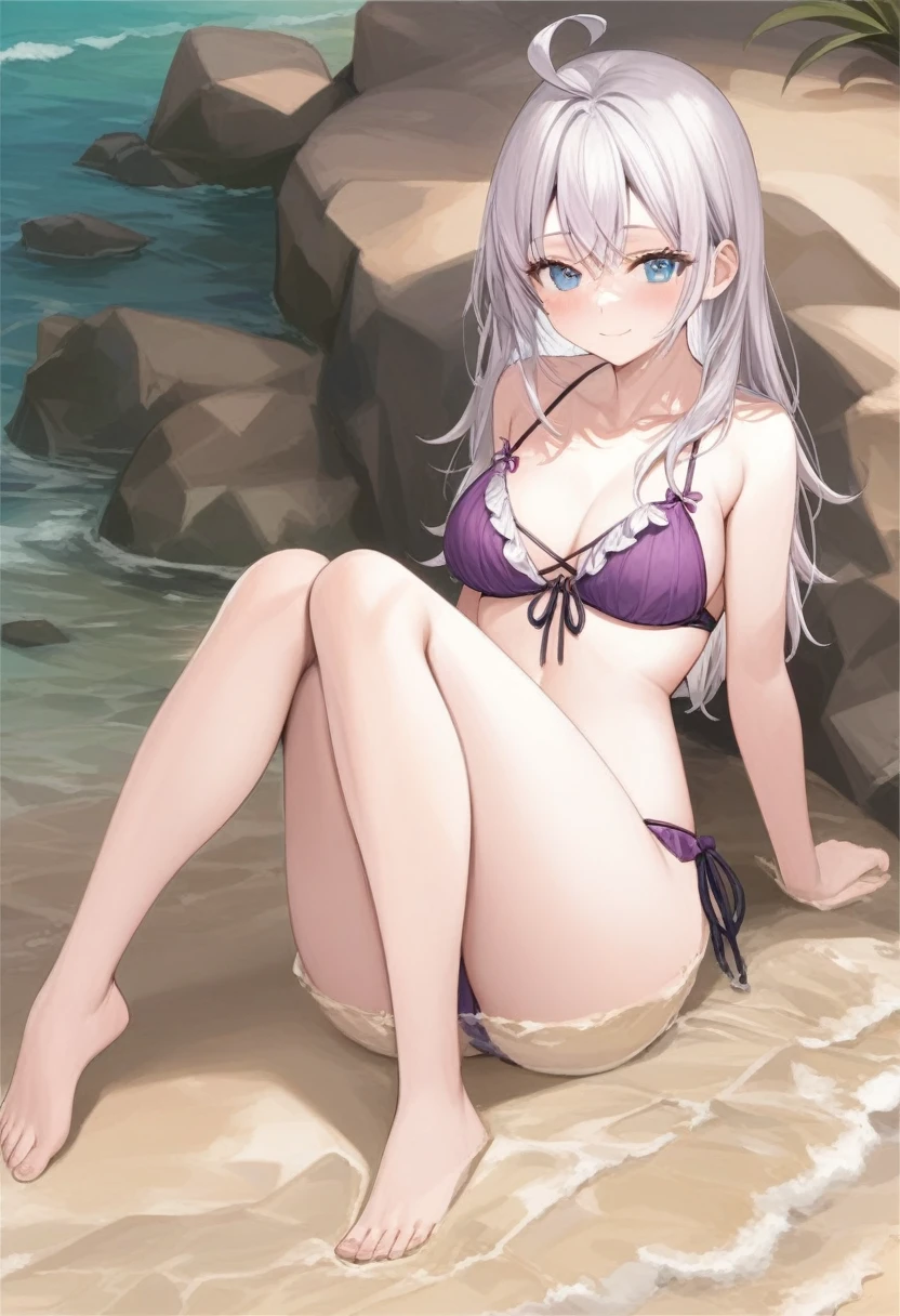 score_9,score_8_above,score_7_above, alya, light smile,Alone, long white hair, medium chest, wearing a sexy purple ruffled bikini, resting in the sand, back view, looking back, Stretched legs,Feet together, near the sea, legs in the sea, perfect ends, big legs, smaller thighs