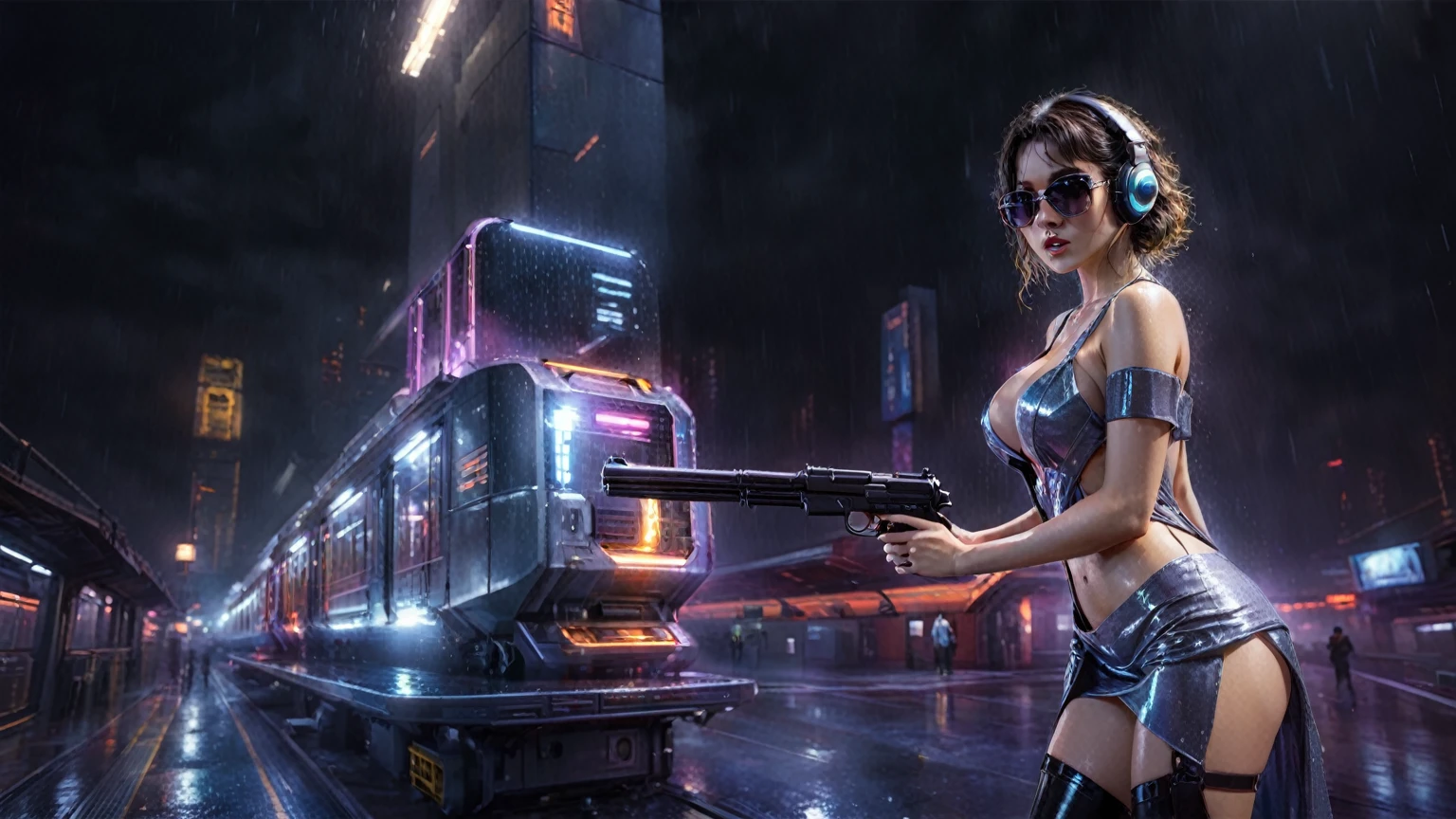 (((aerial view))), Blade Runner style futuristic railway platform, hi-tech train, neon lights, rainy night. (1girl, solo, alone), large-breast:1.2 slim body, cleavage:1.1, sexy wind blowing wet dress:1.4, headphone, (black sunglasses), (((she raised a pistol:1.8 and shot:1.8 the viewer))), dynamic pose, (((half-body thigh level medium shot))), cinematic lighting, lens flare, ray tracing, blurred:1.4 background.
