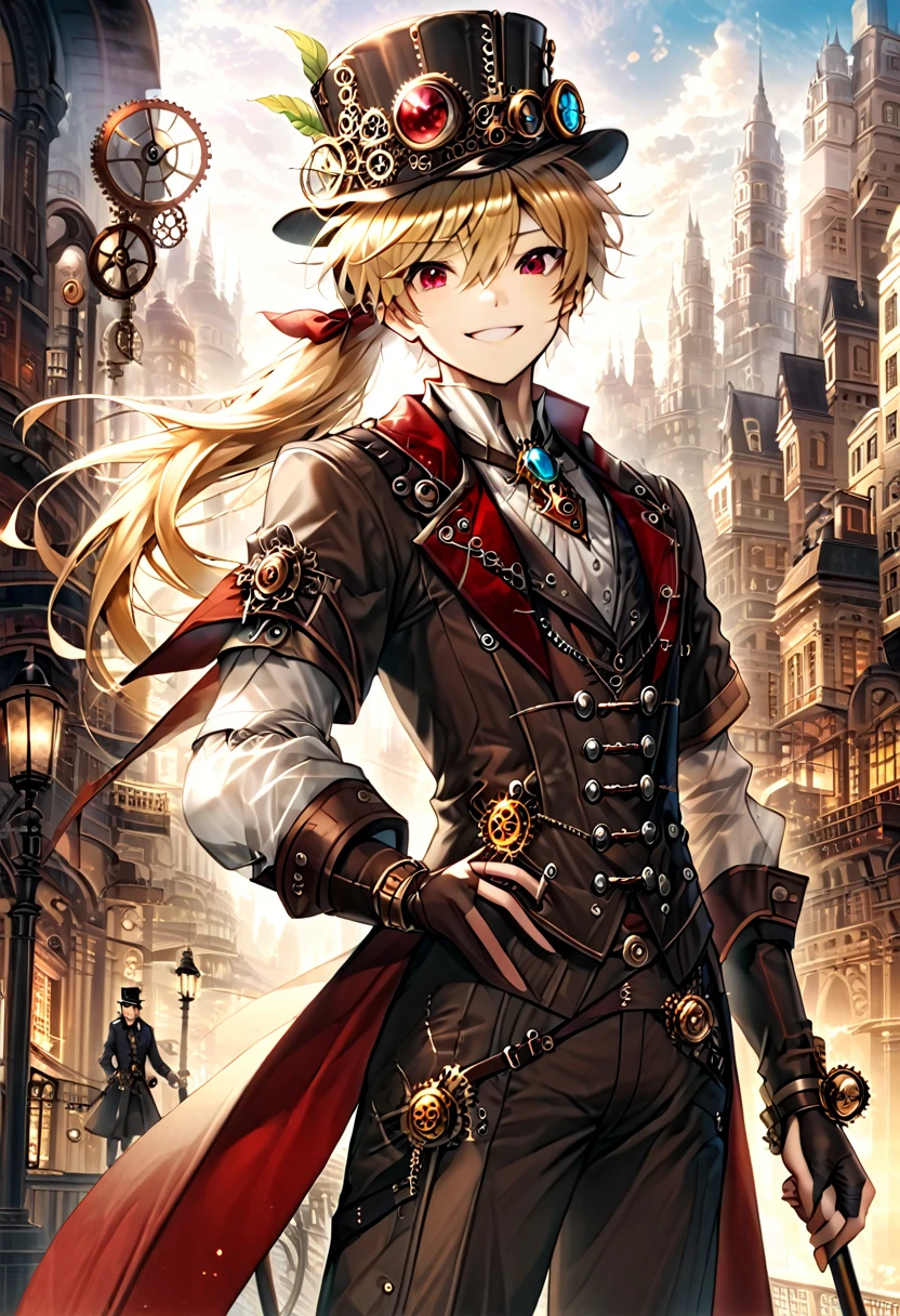 One young boy, red ruby eye, beautiful face like girl, ponytailed blonde, in noble suit. City background. Steampunk Hat. Cane. Noble. Smile