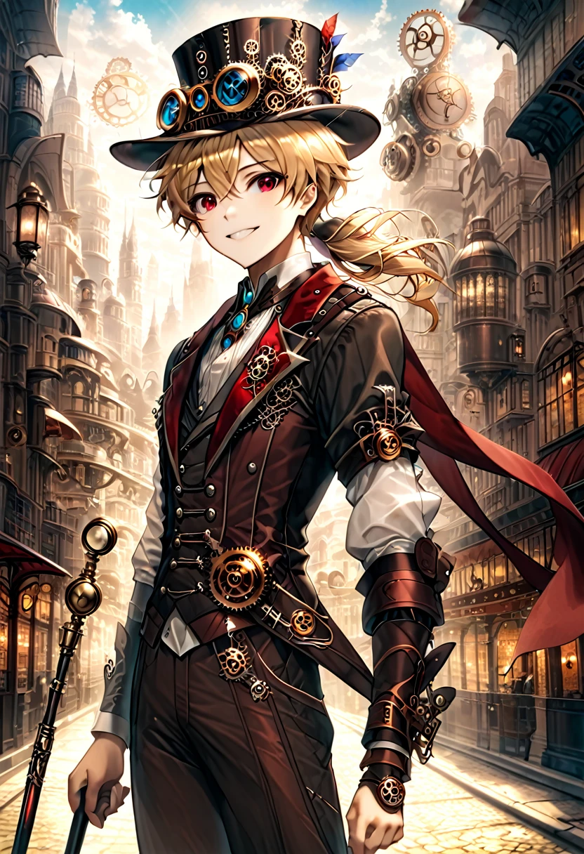 One young boy, red ruby eye, beautiful face like girl, ponytailed blonde, in noble suit. City background. Steampunk Hat. Cane. Noble. Smile