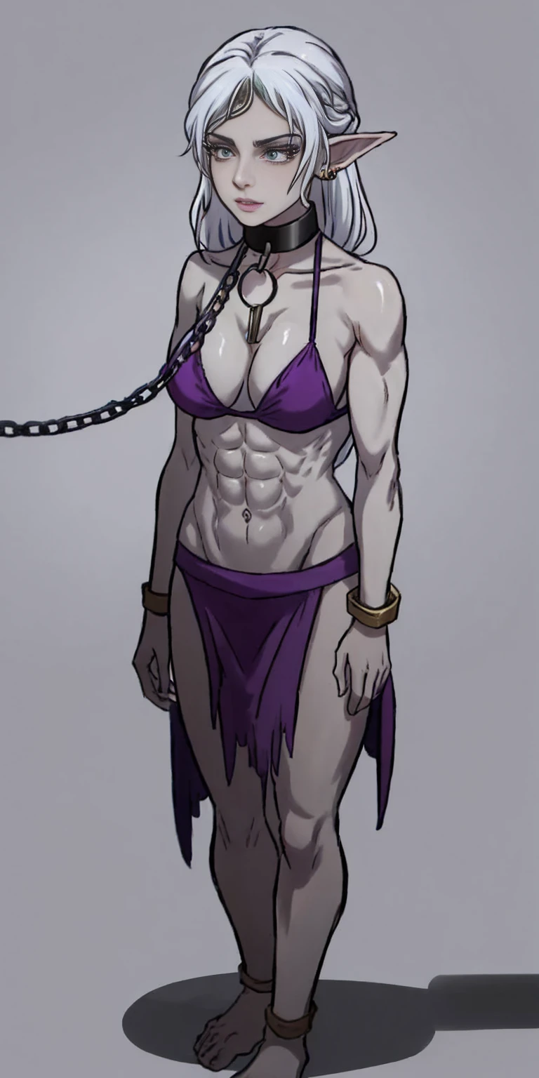 Appearance
Gender: Female
Age: Mature
Race: Drow (elf with dark skin and white hair)
Height: Full-body
Skin: Gray
Background: Plain Gray
Eyes: Purple
Attire: Bikini, revealing abdominal muscles
Accessories: Large earrings, ragged rags, chain necklace, leather collar choker neck bell 🔔