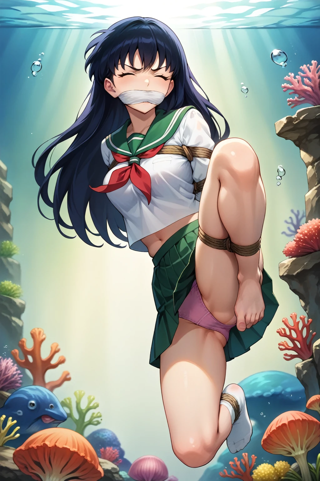 portrait, sharp focus, soft lighting,, , illustration, depth of field, (bloom:0.4), kagomexl, long hair, black hair, brown eyes, bangs, , serafuku, sailor collar, red neckerchief, anime coloring, cloth gagged, underwater background, shibari, hands behind back, eyes closed, show full body, underwater background, coral reef, face turning blue from oxygen depravation, looking above, tied up with tape and rope, ball and chain on one leg, legs bound, wrists bound, white cloth gag over mouth, subject off center to the left, legs and ankles tied up, , white cloth gag, angry and panic expression, panicked and struggling, dark green skirt, pink panties, ball and chain anchoring her to ocean floor
