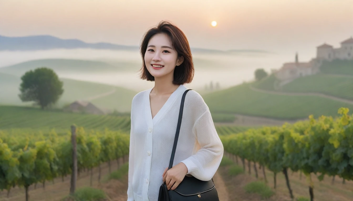 8k realistic, lifelike photo,, 36 year old Korean woman, Short in stature, pretty like a model. White shirt and short cardigan, casual pants, short medium hair, Smiley, Italy. vineyard, thick dawn fog. vineyard 멀리 짙은 안개 속으로 성당이 보인다. 1 woman, Short in stature, Excellent picture quality, The morning fog is thick, The picture quality is alive. Looking up the side, sunrise red light, A monastery can be seen in the distance, . Smiley
