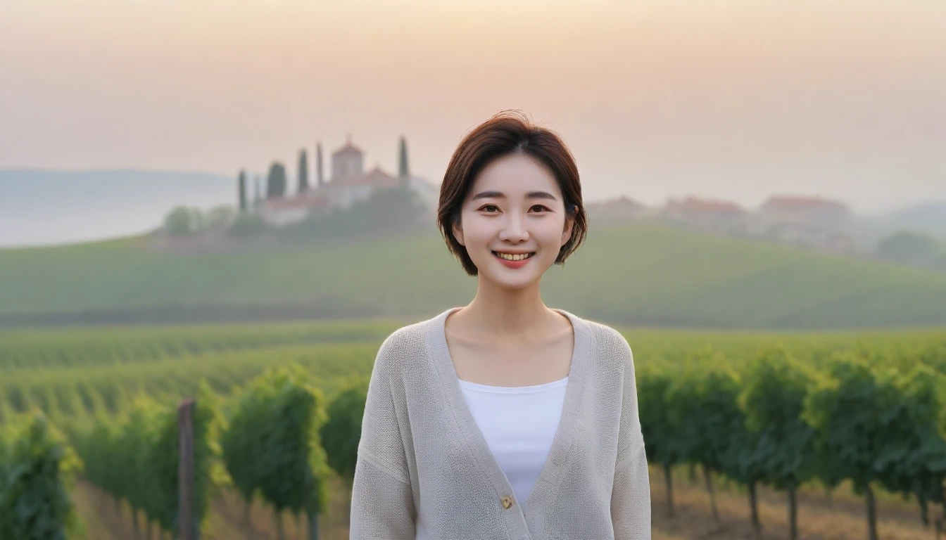 8k realistic, lifelike photo,, 36 year old Korean woman, Short in stature, pretty like a model. White shirt and short cardigan, casual pants, short medium hair, Smiley, Italy. vineyard, thick dawn fog. vineyard 멀리 짙은 안개 속으로 성당이 보인다. 1 woman, Short in stature, Excellent picture quality, The morning fog is thick, The picture quality is alive. Looking up the side, sunrise red light, A monastery can be seen in the distance, . Smiley