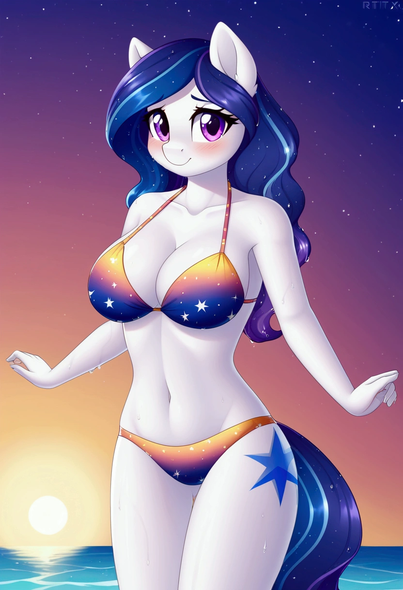 My little pony, anthro, white body, purple eyes, space hair pattern, space pattern bikini, beach, big breasts, wet body, cute nervous pose, sun rails, RTX, beautiful quality, summer footage 