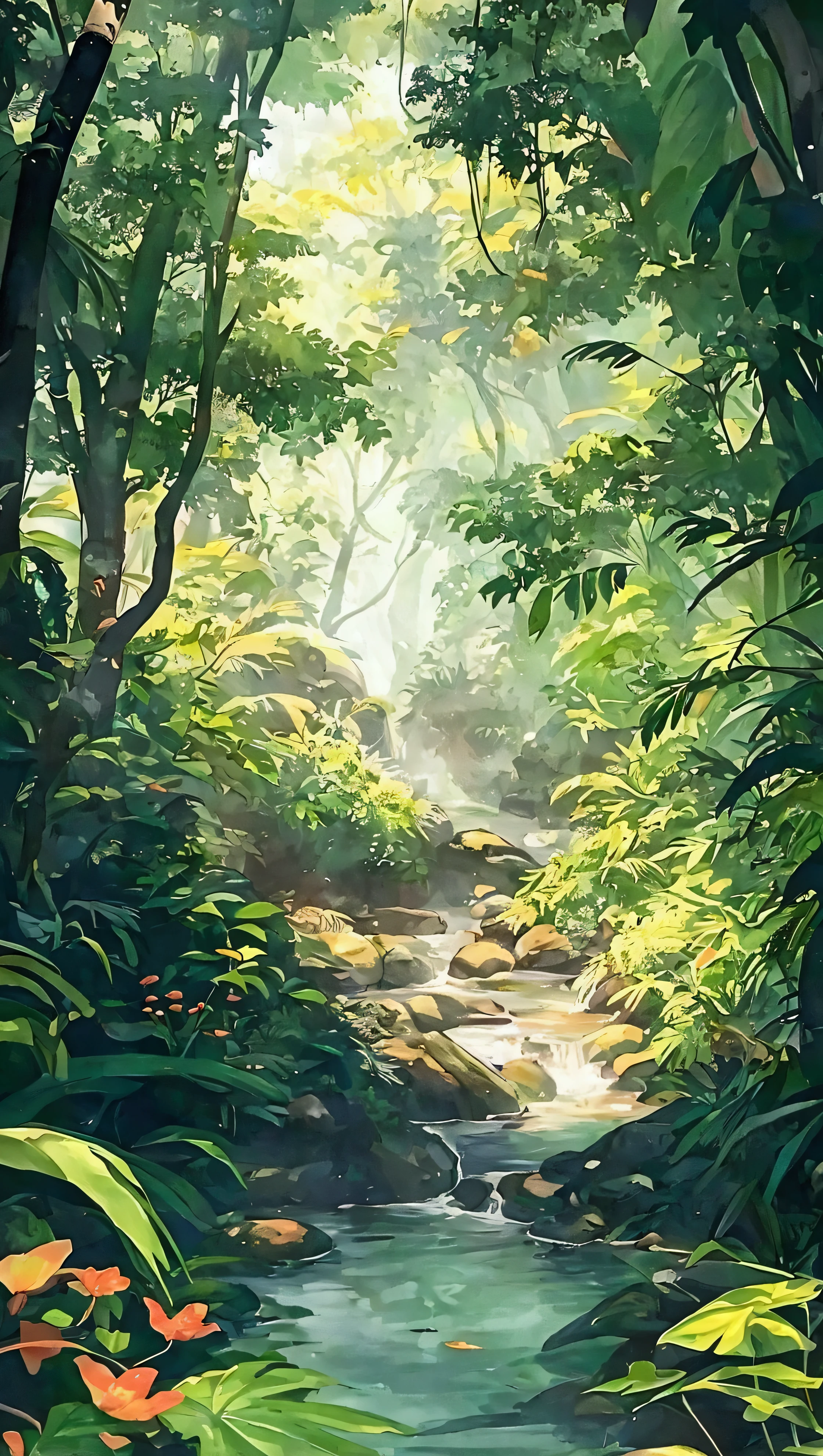 There is a cartoon，The painting shows a stream in the jungle, jungle landscape, the background is lush jungle, beautiful jungle landscape, . background: jungle river, beautiful jungle, jungle as the background, in a highly detailed jungle, Mysterious jungle, the jungle at the background, Dense jungle, Jungle environment, wet lush jungle landscape, background jungle, jungle background, jungle nature，Cartoon illustration，