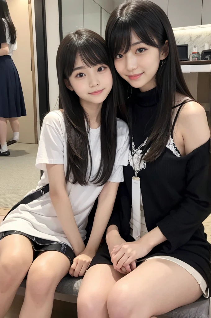 Two high school girl idols, Cute Bang, smile, from below