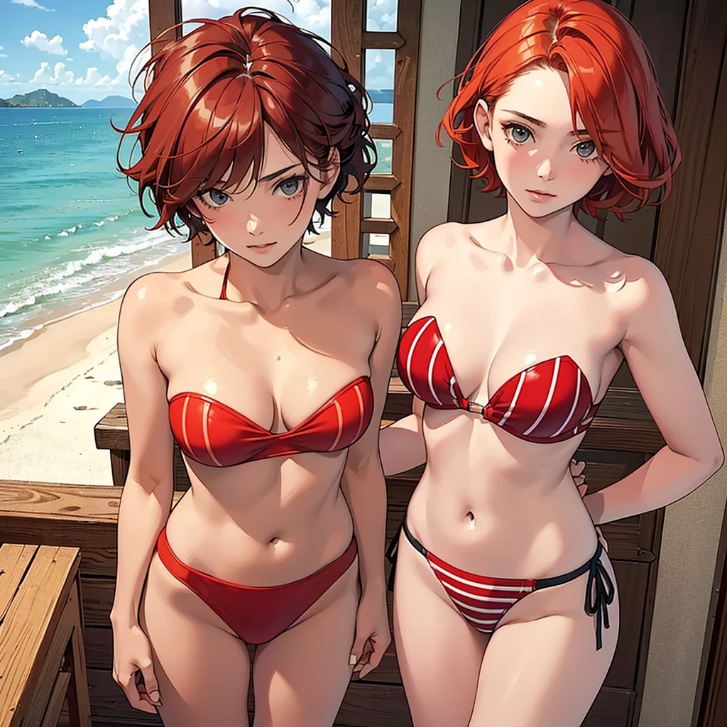 ((best quality)), ((masterpiece)), (detailed),High quality, Ultra detailed, best quality, insanely detailed, beautiful, masterpiece,
(One Girl),, (messy short hair),red hair,student,summer,sea side, (red colored bandeau bikini,(stripe),cowboy shot,a cup of gingerale, beach house)