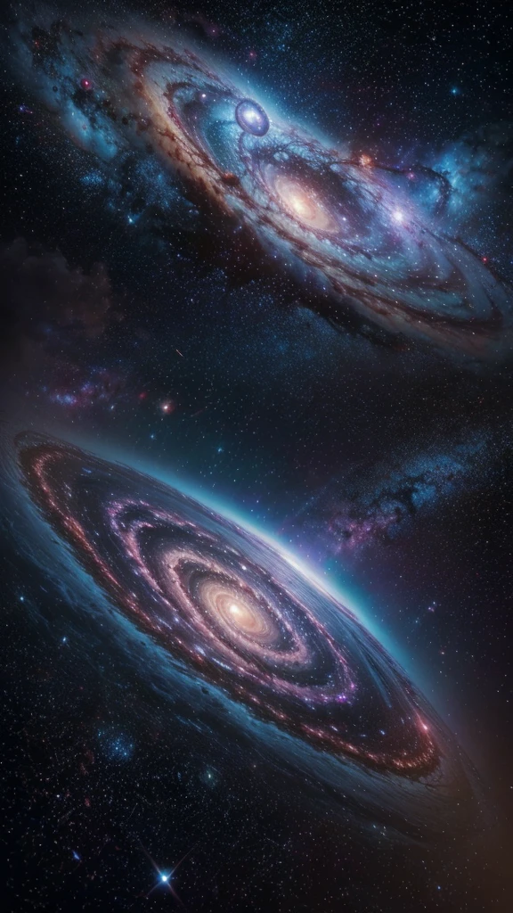 /imagine prompt: A hyper-realistic, 4K wallpaper of a futuristic galaxy in deep space. The scene features vibrant, swirling nebulae with rich colors like purples, blues, and pinks, illuminated by bright stars and distant cosmic phenomena. In the foreground, a sleek, advanced spacecraft is seen exploring the vast expanse, with intricate details and glowing lights. The background showcases a stunning view of a spiral galaxy with millions of stars and planets, creating a sense of awe and wonder. The overall image should be breathtaking and immersive, capturing the beauty and mystery of the universe.