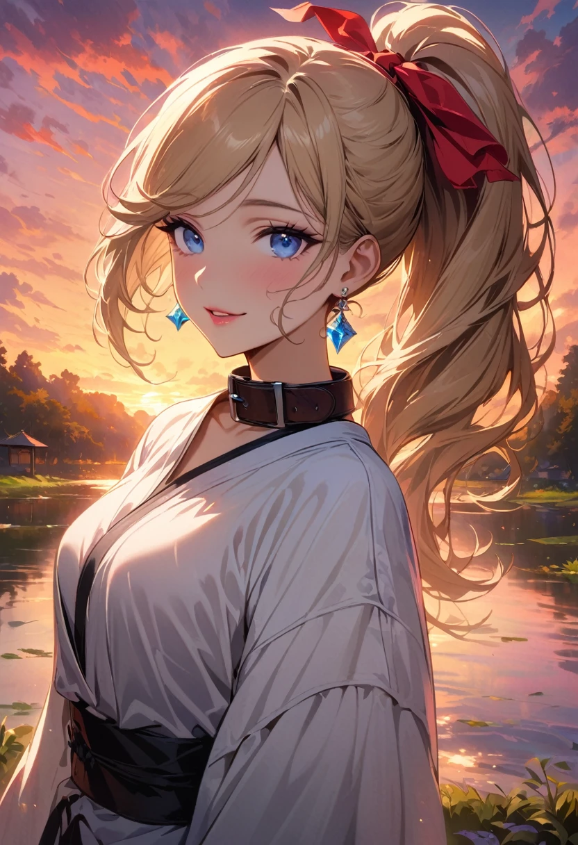 masterpiece, Ultra-high-definition CG, Highest quality, Perfect photo, Colorful sunset,Lydia by the pond,Beautiful details in the eyes,Beautiful Lips,Earrings,collar,blonde high ponytail,blue eyes,Red hair ribbon,smile,looking happily at the audience,Wearing a sexy karate costume