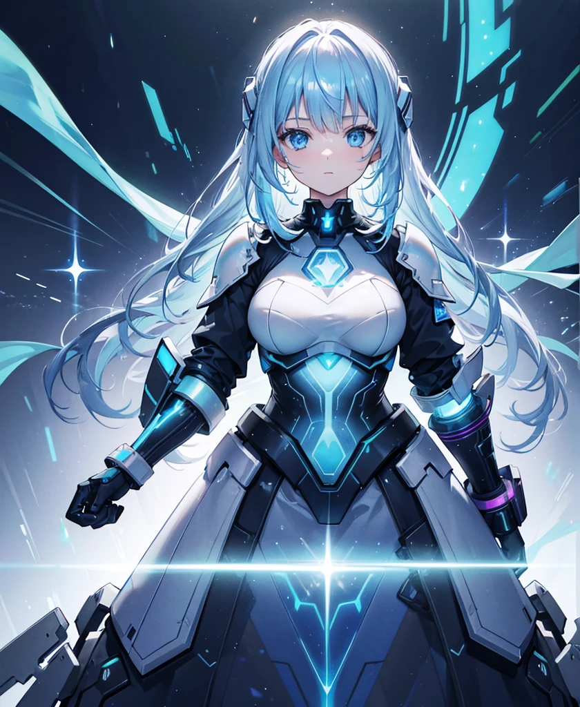 ((Holographic glow effect)),8k, Highest quality, (real:1.4), Original photo, 1 girl, Asari Hair, Biological Amplifier, refined armor, posture: Peace talks between warring factions, smart blue eyes,whole body