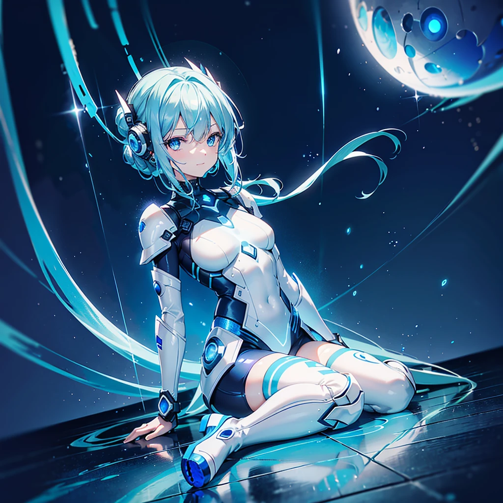 8k, Highest quality, (real:1.4), Original photo, 1 girl, Asari Hair, Biological Amplifier, Very sleek and futuristic armor, posture: Peace talks between warring factions,,attention arousal, smart blue eyes,A modest smile,Knee-high boots,Patent-look blue tights,Blue big moon and blue light swirl in the background,Blue light from behind,blue light magic,A small, glowing blue ball in the palm of your hand,Blue flame swirl,Blue Comet,Polished floor,