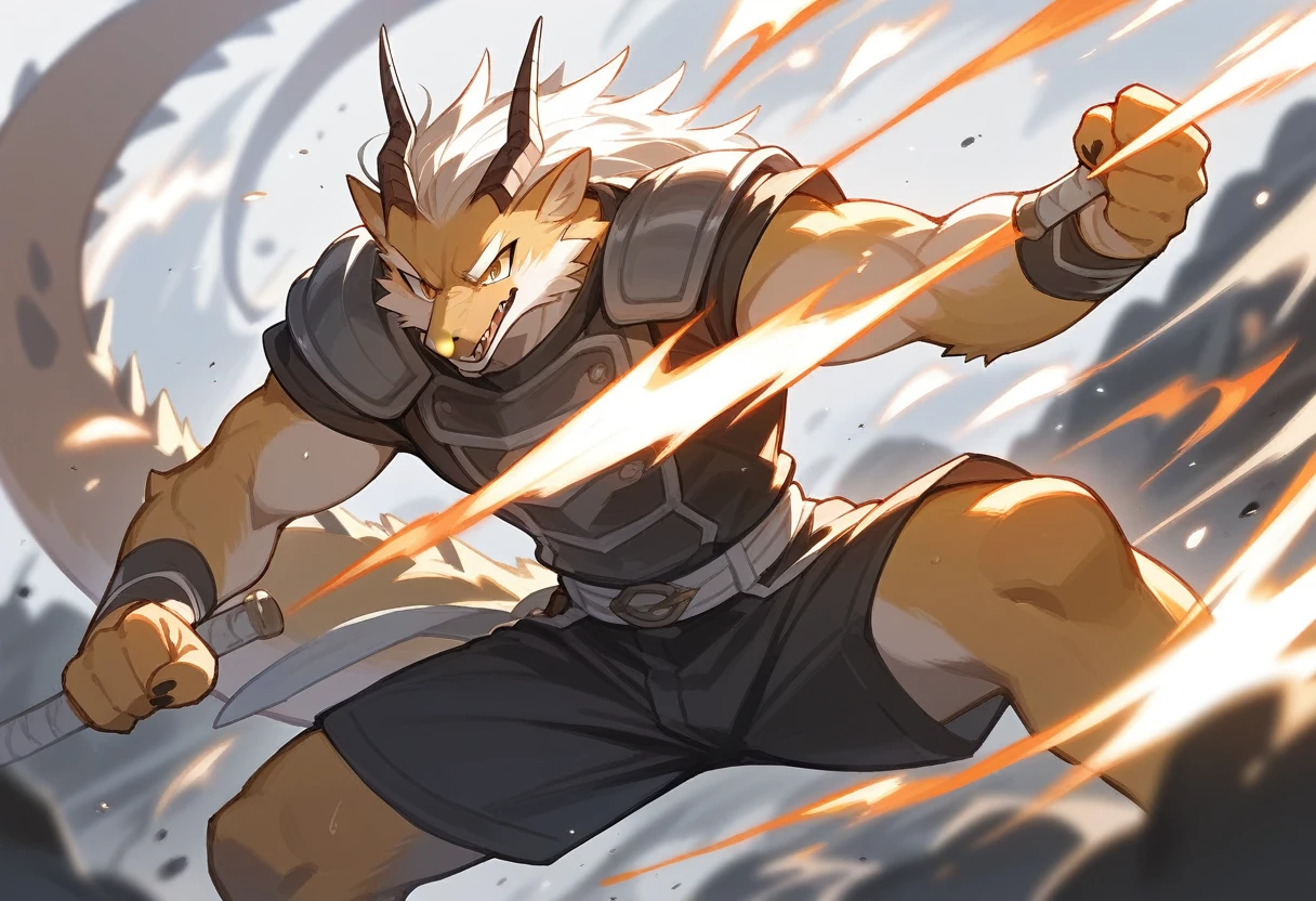 top quality, high-quality illustrations((masterpiece))depth of field, motion blur, absurdres, Perfect Anatomy, magnificent picture of kemono fighting fierce battles, kemono, 1boy, solo focus, Anthro((dramatic))epic, weapon, dynamic pose, One scene of movie,FURRY,wirte dragon