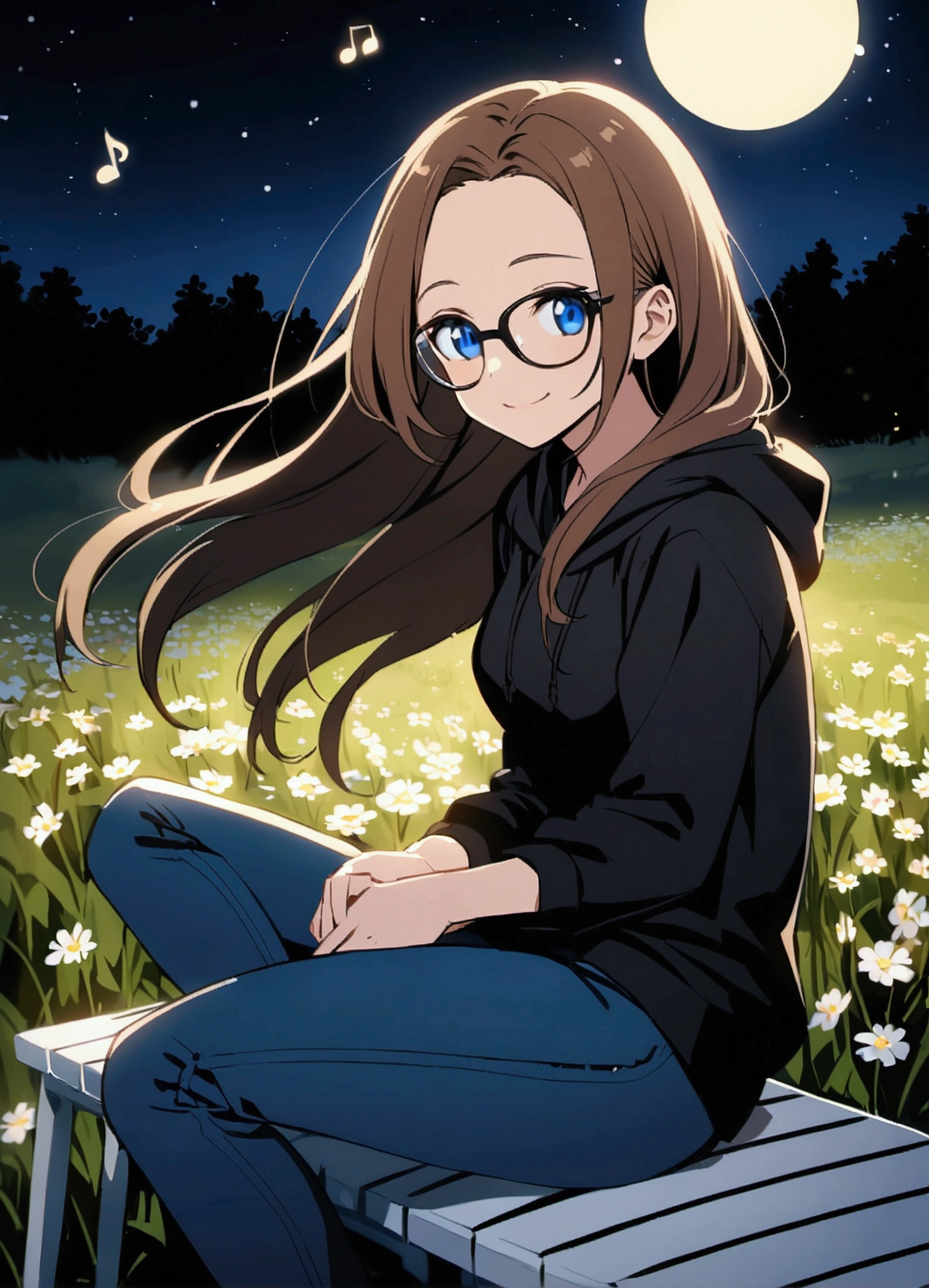 Alone, One person, Anime woman (shoulder length brown hair, blue eyes, black hoodie, jeans, dark framed glasses, clear forehead, smiling) . Sitting on a white piano flowering in a meadow at night. Glowing musical notes fly around her. Full moon in the night sky.