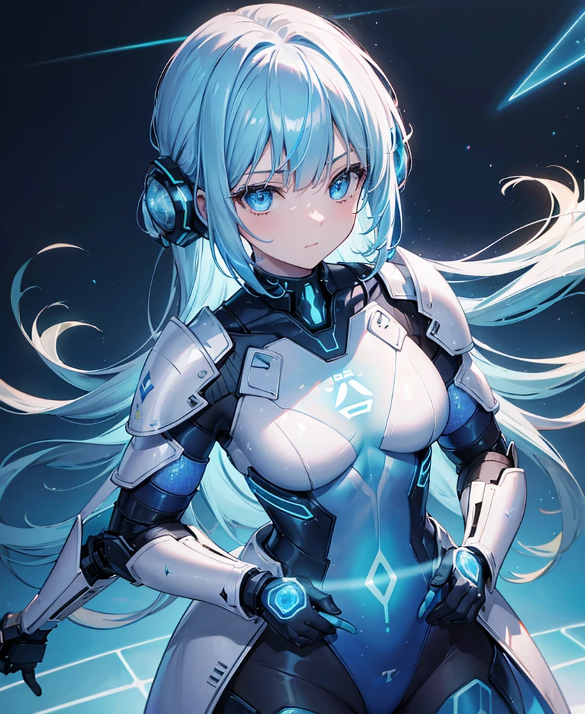 ((Holographic glow effect)),8k, Highest quality, (real:1.4), Original photo, 1 girl, Asari Hair, Biological Amplifier, refined armor, posture: Peace talks between warring factions, smart blue eyes,whole body