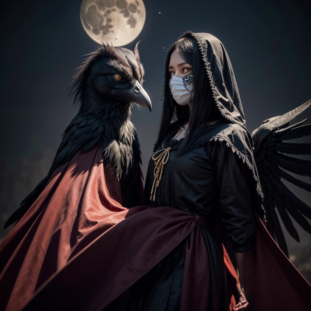 Wearing a mask with a pointed beak, handmade, so well sewn that you can see the ties made in gold, linseed cloth and feathers penetrate its extremities, large eyes with dark lenses with the tone of the night and at the same time red as wine... Such a scary mask, that gives you chills all over your body, your legs for the first time tremble in the face of absolute nothingness, The void, the mask of the black death, tão intriga e conectada com The void qur você o sente, pulsating over the moon, Shadowns Crow, you are before the Crow of shadows, or rather the Void.