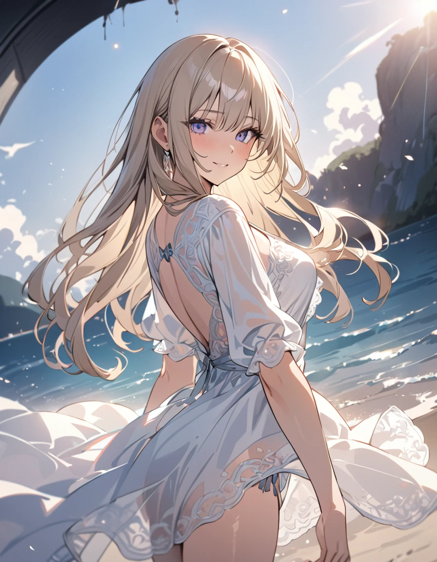 one beautifu girl floating in the sea using a floating ring,long straight gold ash hair,wearing A bikini.light smile,(masterpiece), (best quality), (ultra-detailed), (illustration), (detailed light),(an extremely delicate and beautiful),(beautiful details eyes),natural light, wide angle shot, and high quality photo.