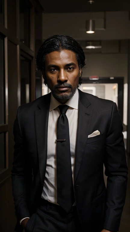 dark evening, black man dark skin, entangled, curry hair, 65 years old, barba, suit and tie,