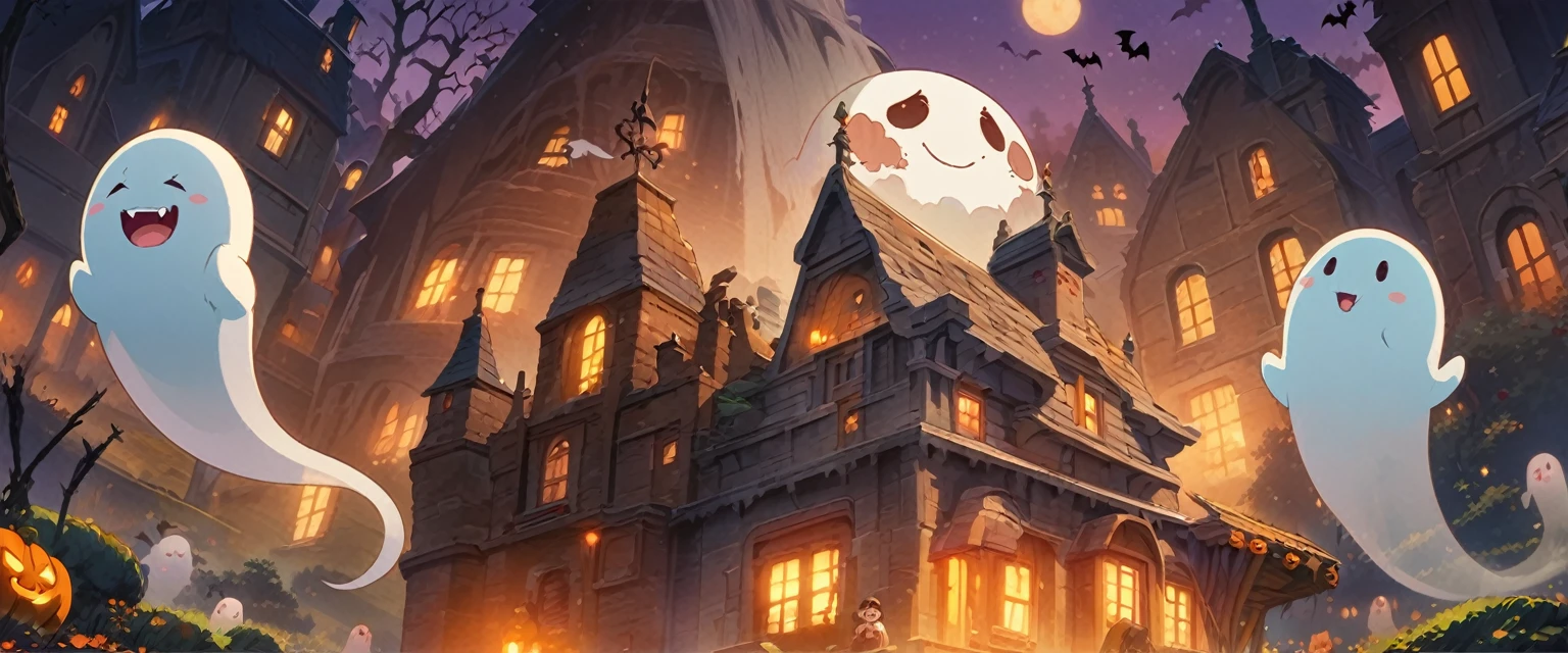 ghibli, halloween, cute werewolf, ghost, vampire, witch, ultra detailed, official art, masterpiece, illustration
