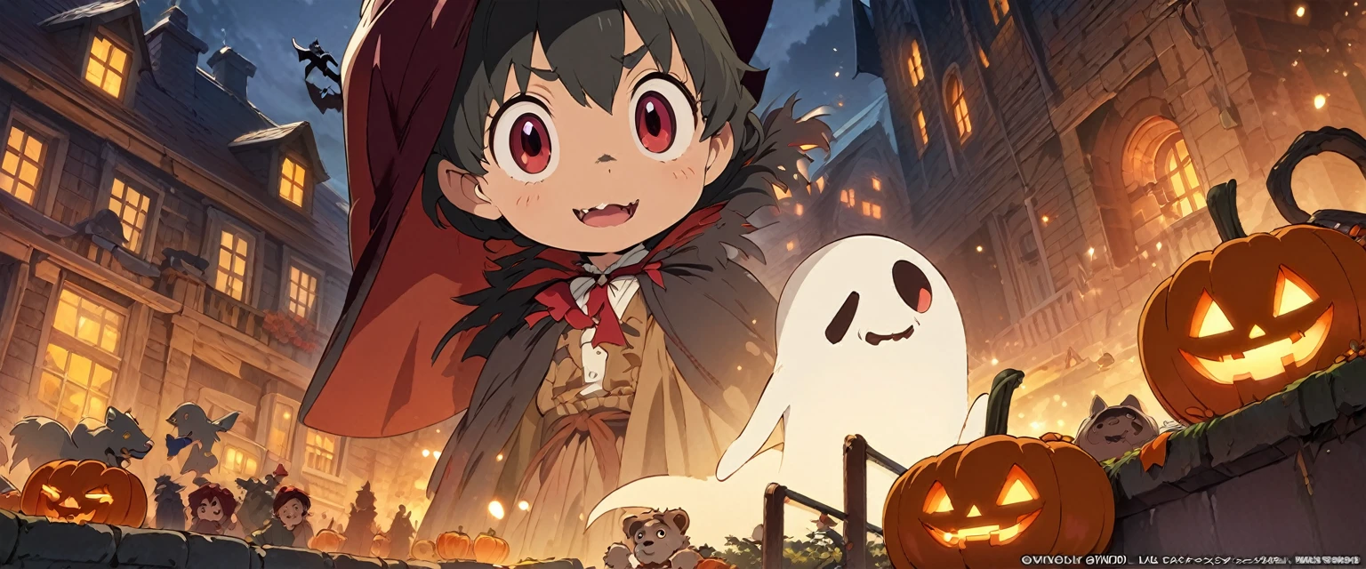 ghibli, halloween, cute werewolf, ghost, vampire, witch, ultra detailed, official art, masterpiece, illustration