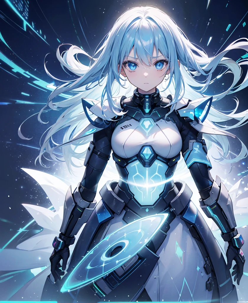 ((Holographic glow effect)),8k, Highest quality, (real:1.4), Original photo, 1 girl, Asari Hair, Biological Amplifier, refined armor, posture: Peace talks between warring factions, smart blue eyes,whole body,Vortex of Light,Band of Light,Wind of Light