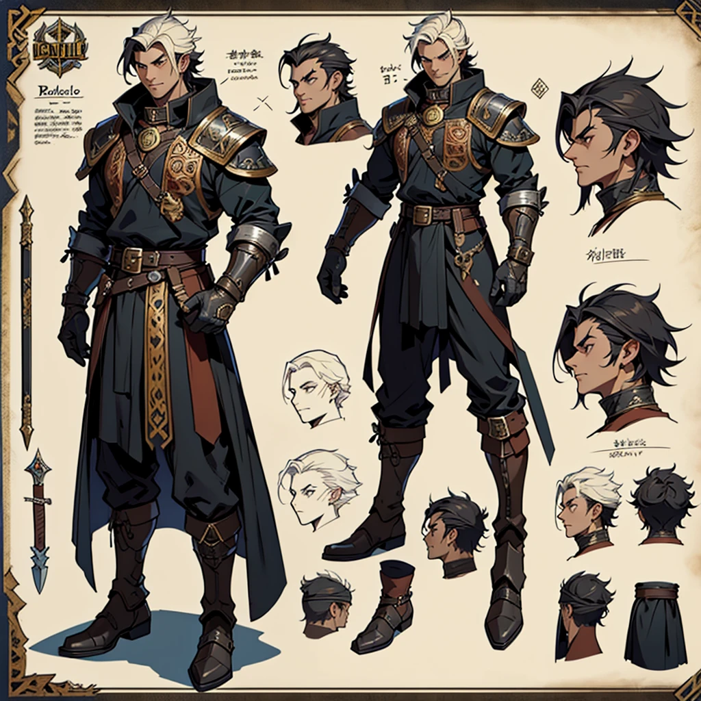 Close-up of a man in a Barbarian costume, ((character concept art)), ((Character design sheet, same character, on front, from on the side, At the back)) Character image, Medieval game character design, Medieval game character design, hair color: Black with gold parting, Age: Old, eyecolor: Black, He wears gloves on his hands, Wears  boots. During the use of certain abilities, A helmet is formed on the head of a dragon. He has a code name around his neck, expert high detail concept art, Concept art of a metal bullet, Fun character design. ConceptArt, belt buckle at the waist,Medieval style weapons,