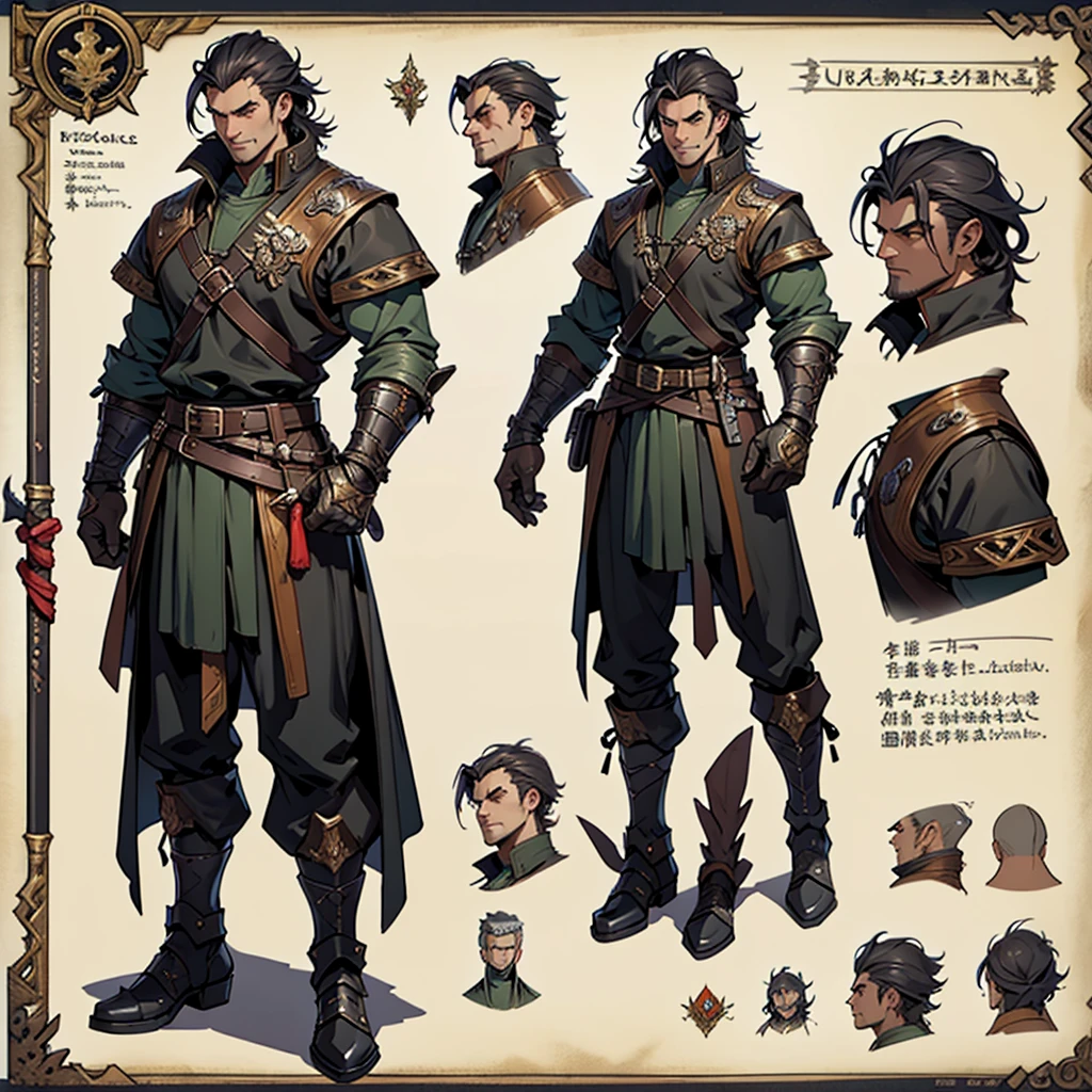 Close-up of a man in a Barbarian costume, ((character concept art)), ((Character design sheet, same character, on front, from on the side, At the back)) Character image, Medieval game character design, Medieval game character design, hair color: Black with gold parting, Age: Old, eyecolor: Black, He wears gloves on his hands, Wears boots. During the use of certain abilities, A helmet is formed on the head of a dragon. He has a code name around his neck, expert high detail concept art, Concept art of a metal bullet, Fun character design. ConceptArt, belt buckle at the waist,Medieval style weapons,