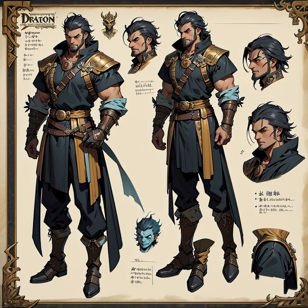 Close-up of a man in a Assasin's Creed costume, ((character concept art)), ((Character design sheet, same character, on front, from on the side, At the back)) Character image, Medieval game character design, Medieval game character design, hair color: Brown with gold parting, Age: Young, eyecolor: Brown, He wears gloves on his hands, Wears boots. During the use of certain abilities, A helmet is formed on the head of a dragon. He has a code name around his neck, expert high detail concept art, Concept art of a metal bullet, Fun character design. ConceptArt, belt buckle at the waist,Medieval style weapons,