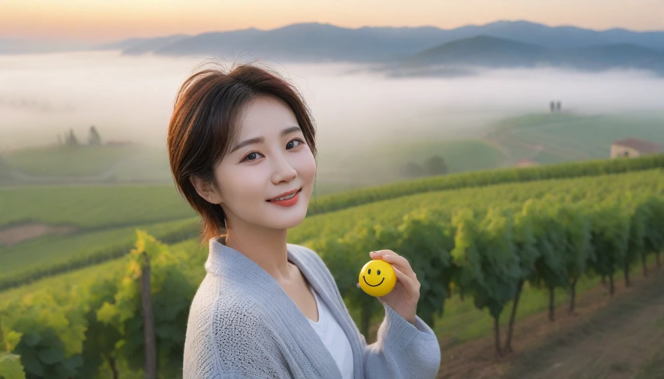 8k realistic, lifelike photo,, 36 year old Korean woman, Short in stature, pretty like a model. White shirt and short cardigan, casual pants, short medium hair, Smiley, Italy. vineyard, thick dawn fog. vineyard 멀리 짙은 안개 속으로 성당이 보인다. 1 woman, Short in stature, Excellent picture quality, The morning fog is thick, The picture quality is alive. Looking up the side, sunrise red light, A monastery can be seen in the distance, . Smiley, Wide angle lens full body shot