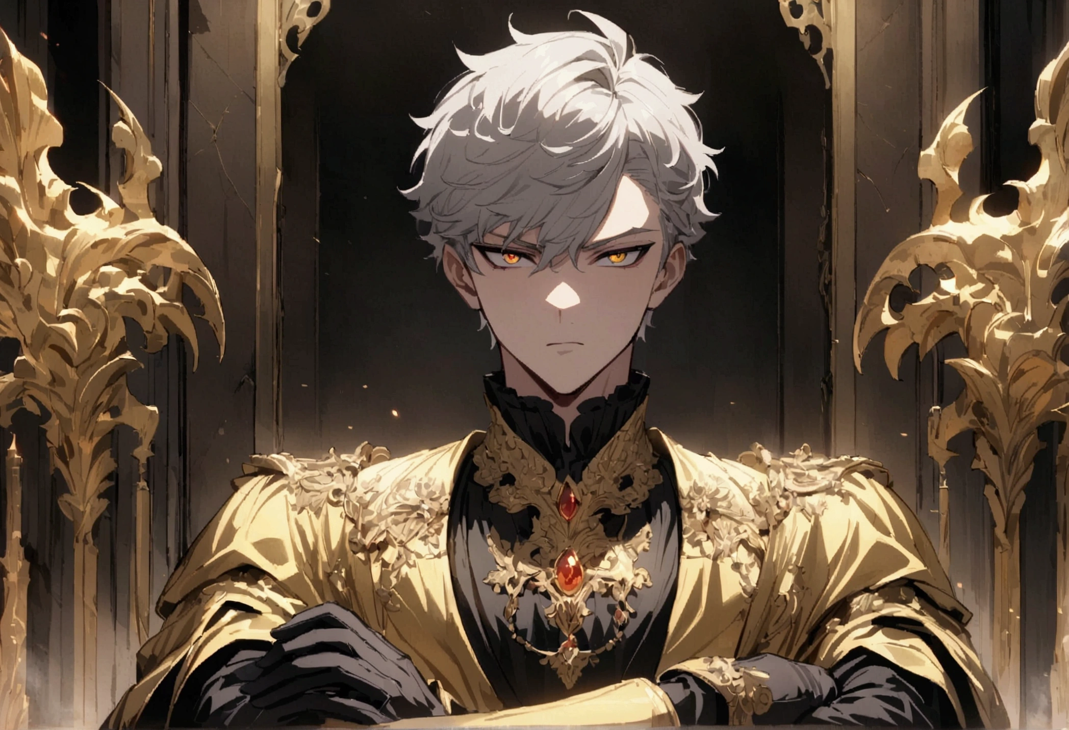 Anime Men, teenager, good looking, Fair-skinned, resolute eyes, Gray Hair, short hair, deep golden eyes, Powerful, Black suit and black gloves, Golden Clothes, Royal Style, inflammation, Arms crossed, office
