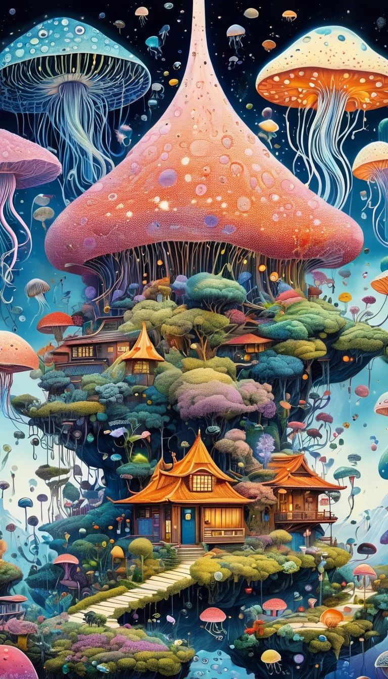 Strong visual fusion of multiple elements，Broto，来自Star的艺术家，house：1.37、Eye、Star、cloud、Jellyfish、Spore powder、Tentacles，Describing the inner world of autistic people，密集Pointillism method。Smooth lines。Strange illustration。Pointillism method。Trypophobia。Strong contrast。Award-winning works。