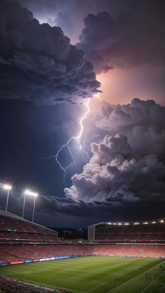 A Brazilian football stadium on fire, the sky is full of colorful clouds and lightning all over the sky