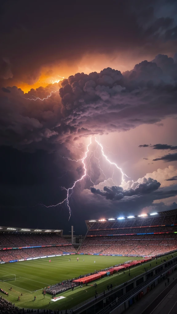 A Brazilian football stadium on fire, the sky is full of colorful clouds and lightning all over the sky