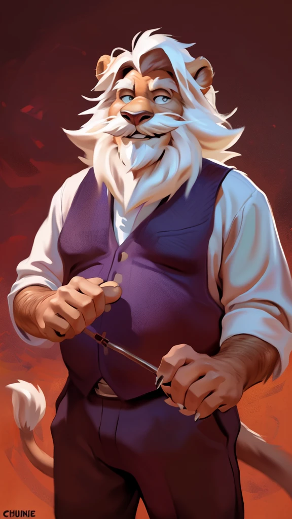 by chunie by catsudon by retros, male,ridiculuous,((mature,mature male)),((Bearded,mustache)), felid, solo, Lion,(white hair), facial hair, facing viewer, (((Grandpa Figure))), ((smilling)), ((5 fingers)), red and orange spiral background, white shirt, smile, ((((wise)))),
