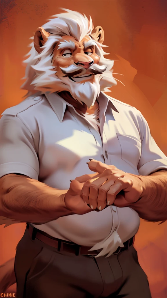 by chunie by catsudon by retros, male,ridiculuous,((mature,mature male)),((Bearded,mustache)), felid, solo, Lion,(white hair), facial hair, facing viewer, ((Highly detailed face)), (((Grandpa Figure))), ((smilling)), red and orange abstract background, ((white,short pants)), smile, ((((wise)))),
