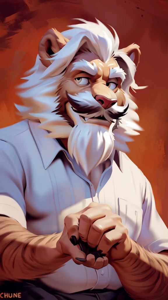 by chunie by catsudon by retros, male,ridiculuous,((mature,mature male)),((Bearded,mustache)), felid, solo, Lion,(white hair), facial hair, facing viewer, ((Highly detailed face)), (((Grandpa Figure))), ((smilling)), red and orange abstract background, ((white shirt,short pants)), smile, ((((wise)))),