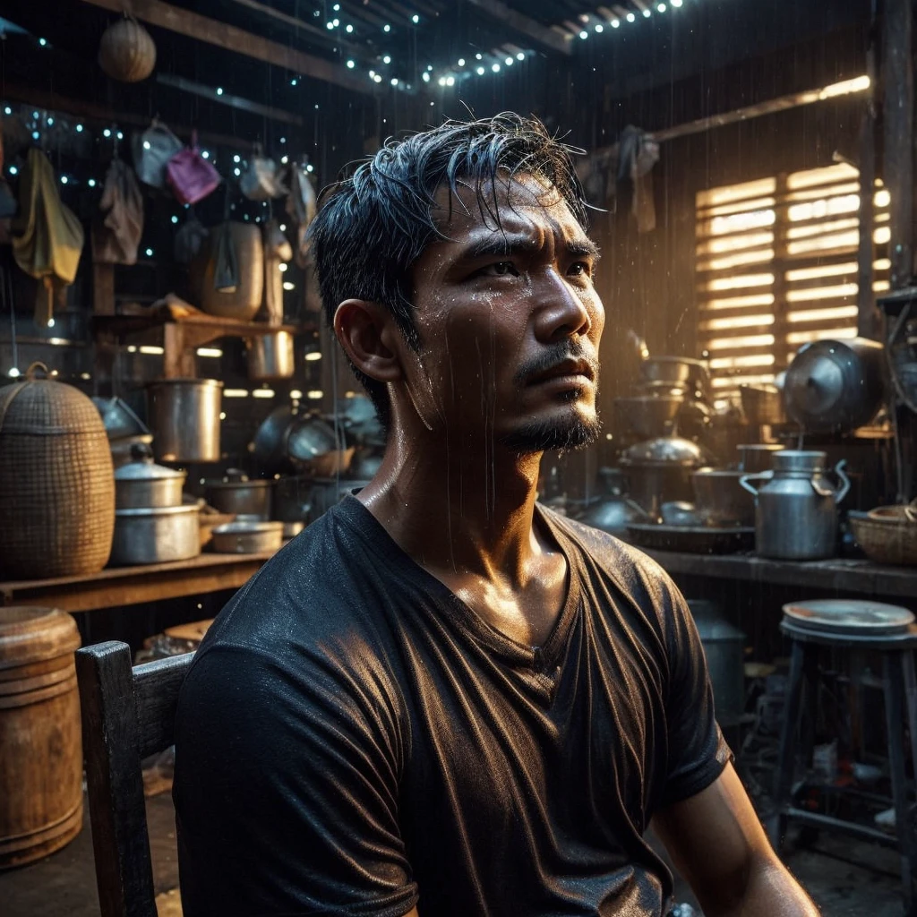 a handsome Indonesian man face expression of holding back tears