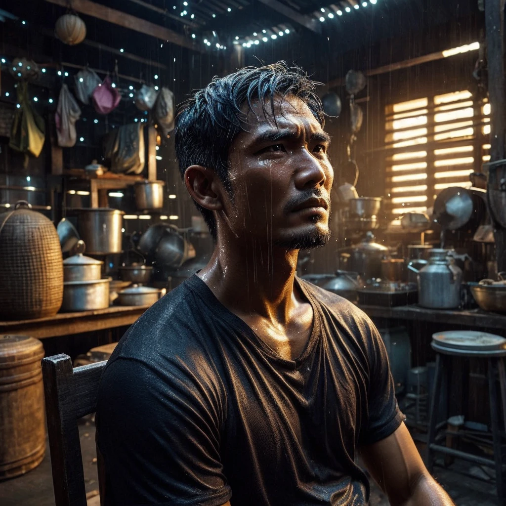a handsome Indonesian man face expression of holding back tears