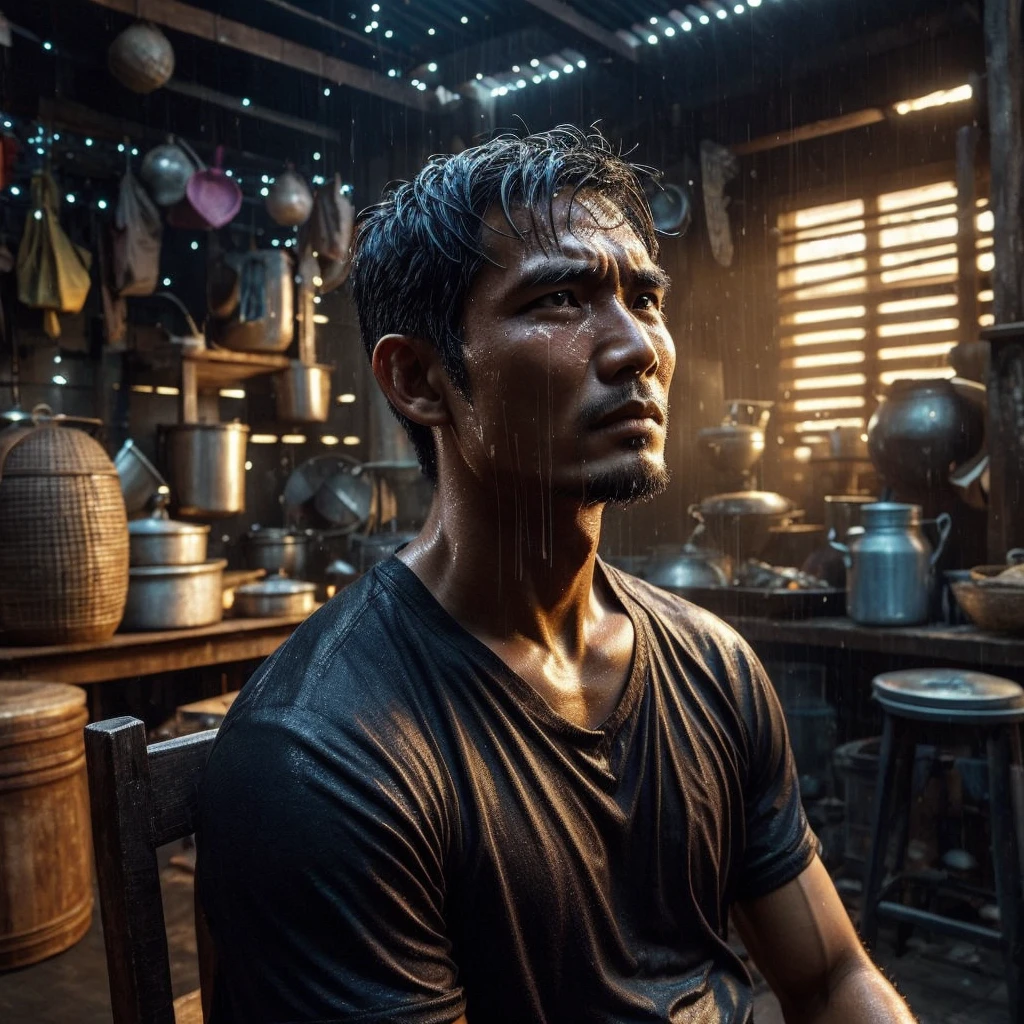 a handsome Indonesian man face expression of holding back tears