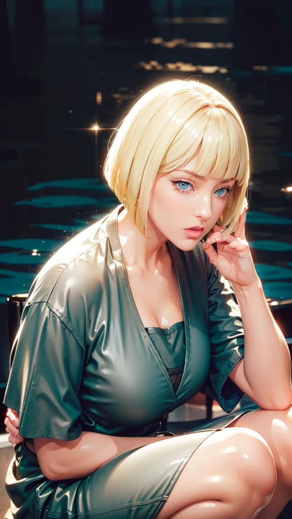 (（（Perfect body,White and tender skin,（（（BLACK KIMONO, CLEAVAGE, VAMBRACES,）））,（（（Samui, Blue eyes, blonde hair, short hair, bangs, blunt bangs,）））,((masterpiece)),high resolution, ((Best quality at best)),masterpiece,quality,Best quality,（（（ Exquisite facial features,Looking at the audience,There is light in the eyes,Poker face）））,Squatting，From below）））,（（（Light and shadow,Huge breasts，）））,（（（Looking at the camera,black background,)））),