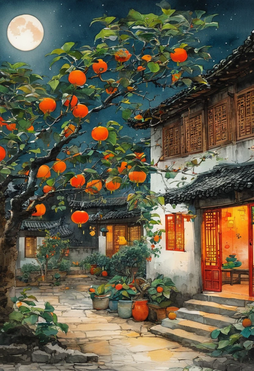 Ink Painting：China 70s，moonlight，Village courtyard，Warm home，patio，Persimmon tree，Happy little ones