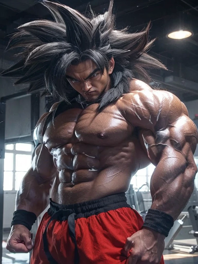 man with muscle , black hair, super saiya, dragon ball, lightening