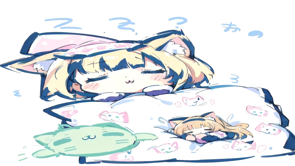 A cartoon of a cat sleeping on a pillow and another cat sleeping on it, there is nothingmimi, Cat girl, Beasts, There is a cat next to her, Cat girl, cute anime Cat girl, Ah ah, there is nothing, anime Cat girl, Anime Cat, dlc, Pink nightcap、Blonde Hair、Sleeping on a futon、cute、Chibi Character