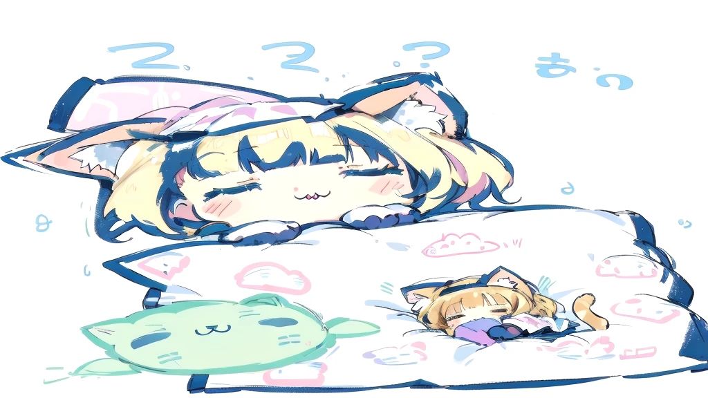 A cartoon of a cat sleeping on a pillow and another cat sleeping on it, there is nothingmimi, Cat girl, Beasts, There is a cat next to her, Cat girl, cute anime Cat girl, Ah ah, there is nothing, anime Cat girl, Anime Cat, dlc, Pink nightcap、Blonde Hair、Sleeping on a futon、cute、Chibi Character