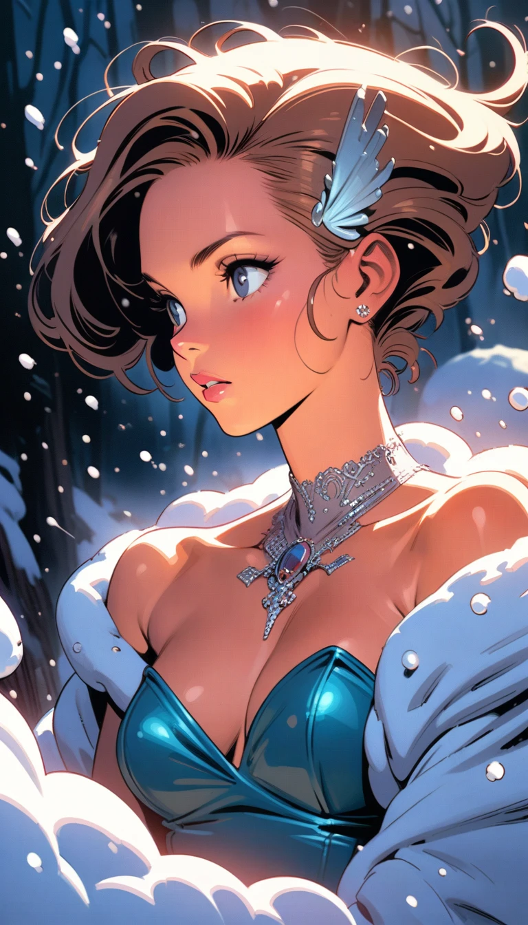 ((best quality)) , ((masterpiece)) , (detailed),illustration art by Dave Stevens and Lillian Bassman, Graceful (Man:1.2) , Multicolor hair styled as Caesar cut, Comic books, graphic novels, retro style, pin-up art, Fashion and art,elegant and sophisticated, innovative use of light and shadow, capturing the glamour of mid-20th century fashion, portrait art by Mary Cassatt, glossy, ambient, Complex, full color, fine artistic composition, enchanted,(((very much snow)))